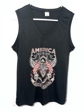 America Graphic V-Neck Sleeveless Tank - Black with Red & White Print